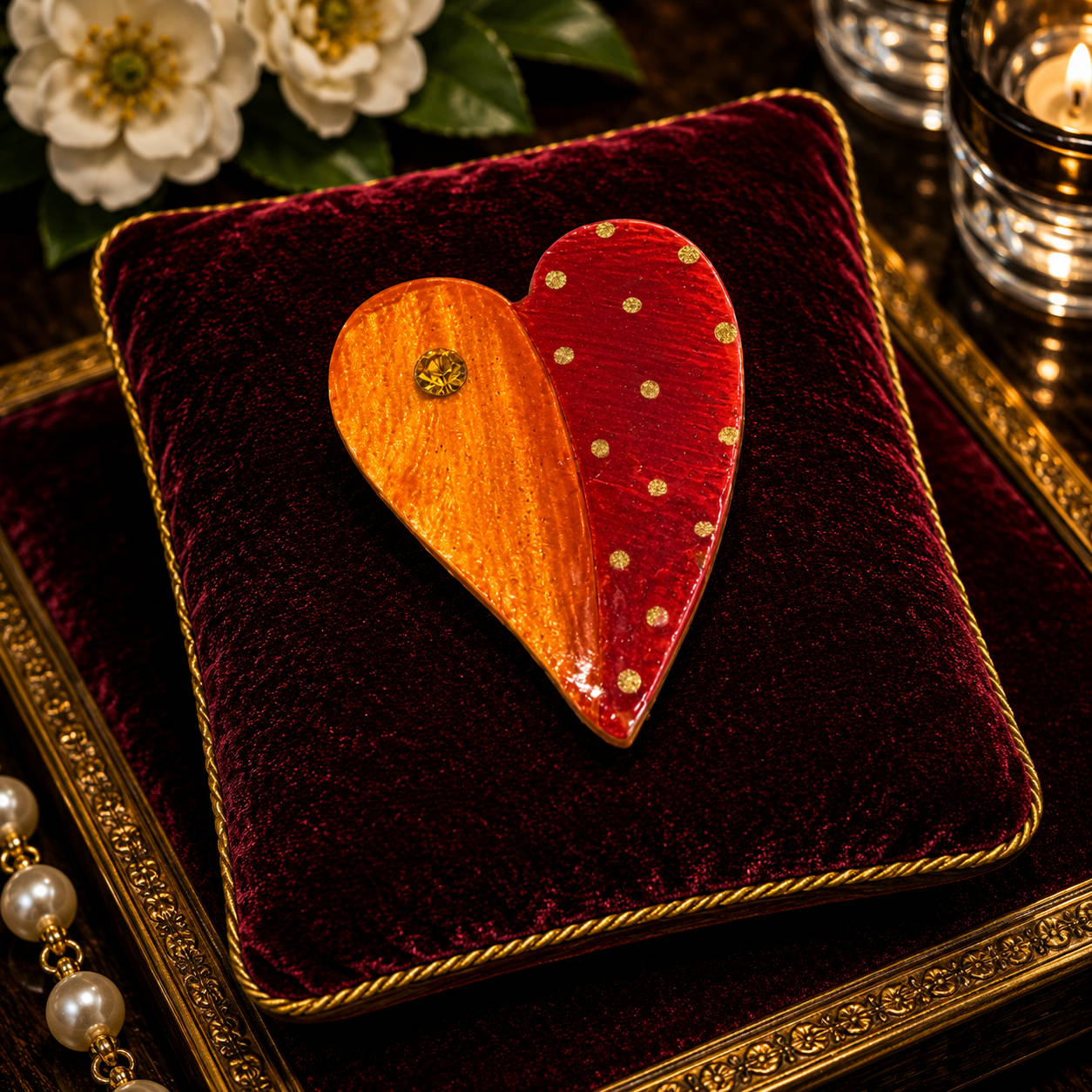 ELF Hand-Painted Wooden Red and Orange Heart Brooch | Artisan Whimsical Statement Pin
