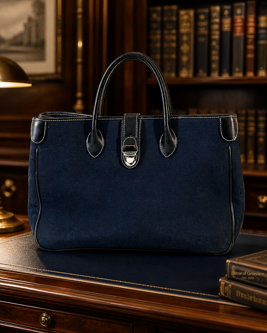 Dooney & Bourke Navy Monogram Canvas Satchel Tote with Leather Trim