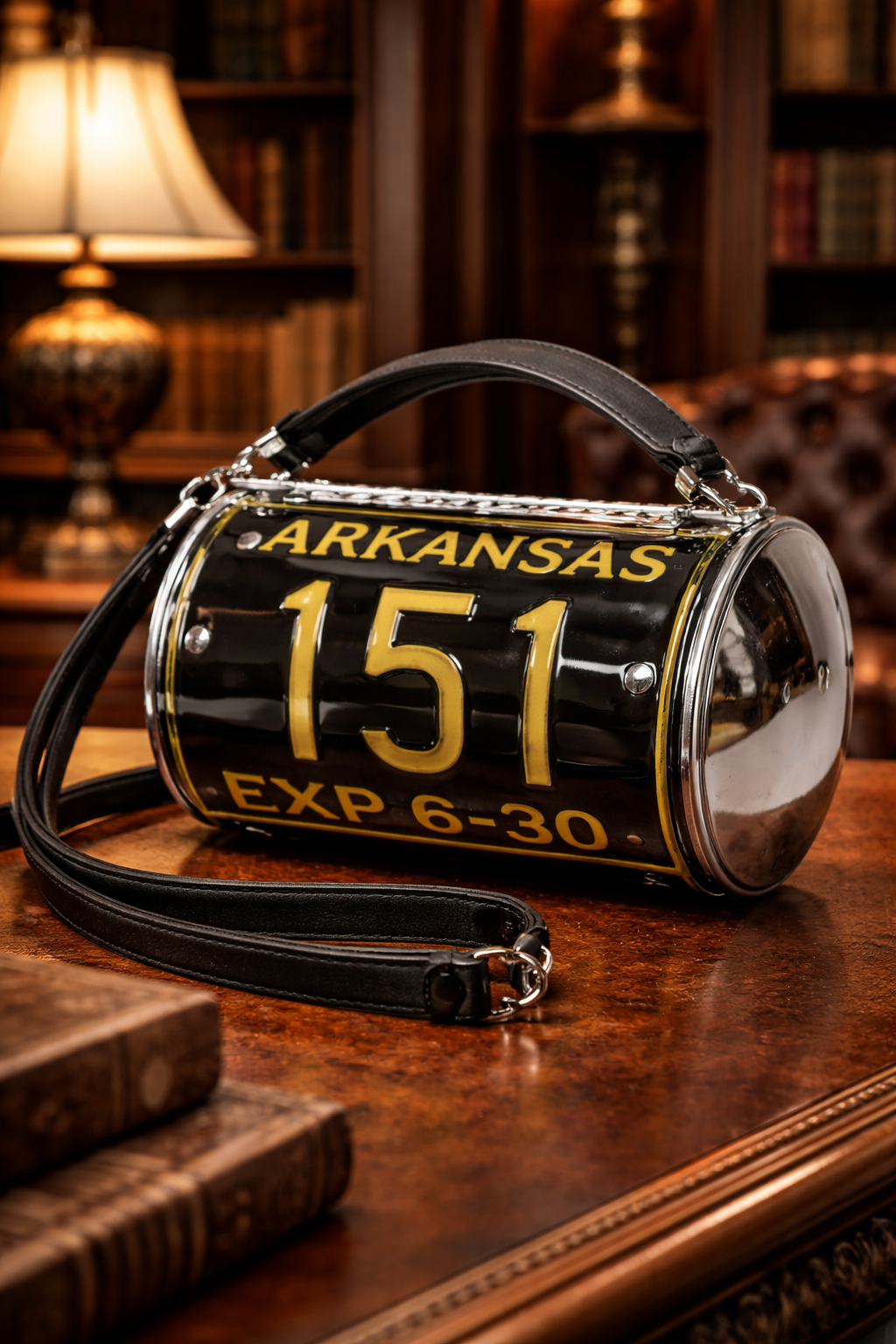 Little Earth Arkansas License Plate Crossbody Bag 1998 Black Yellow Metal Barrel Purse