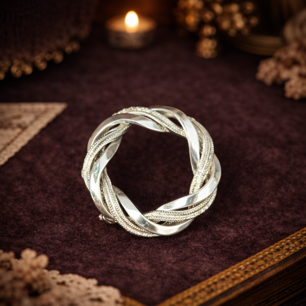Silver Tone Leaf Wreath Brooch Textured Botanical Circle Pin Vintage