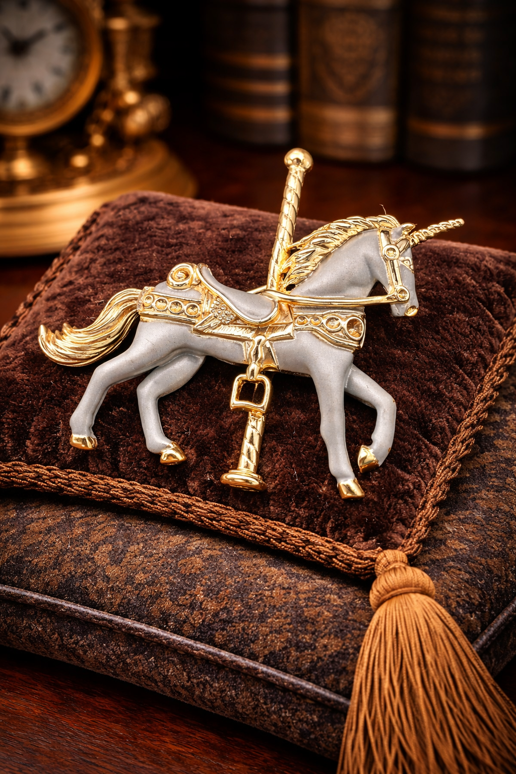 Vintage Enamel Carousel Unicorn Brooch Gray Gold Tone Rhinestone Saddle Fantasy Horse Pin