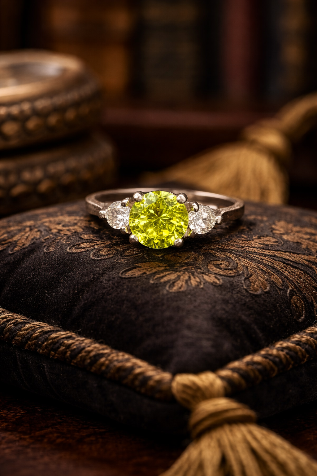 Vintage 925 Sterling Silver Lime Green CZ Three Stone Ring Statement Cocktail Ring Size 6.75