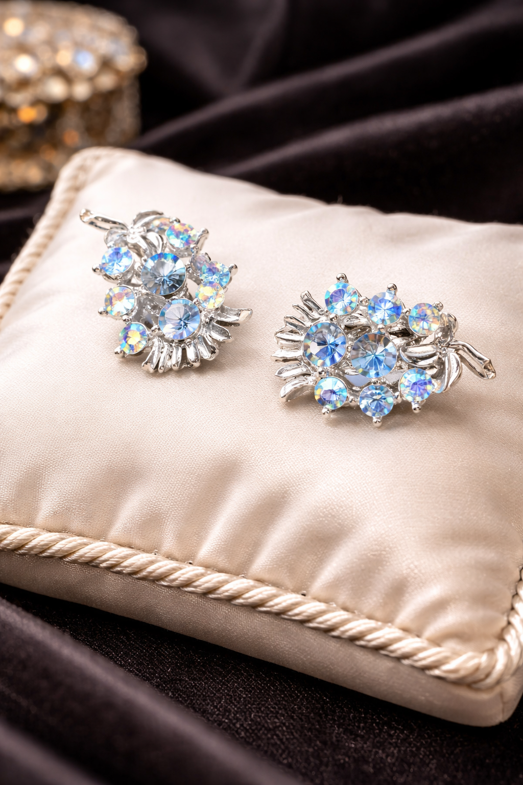 Vintage Silver Tone Blue Rhinestone Floral Clip On Earrings Aurora Borealis Crystal Cluster Statement