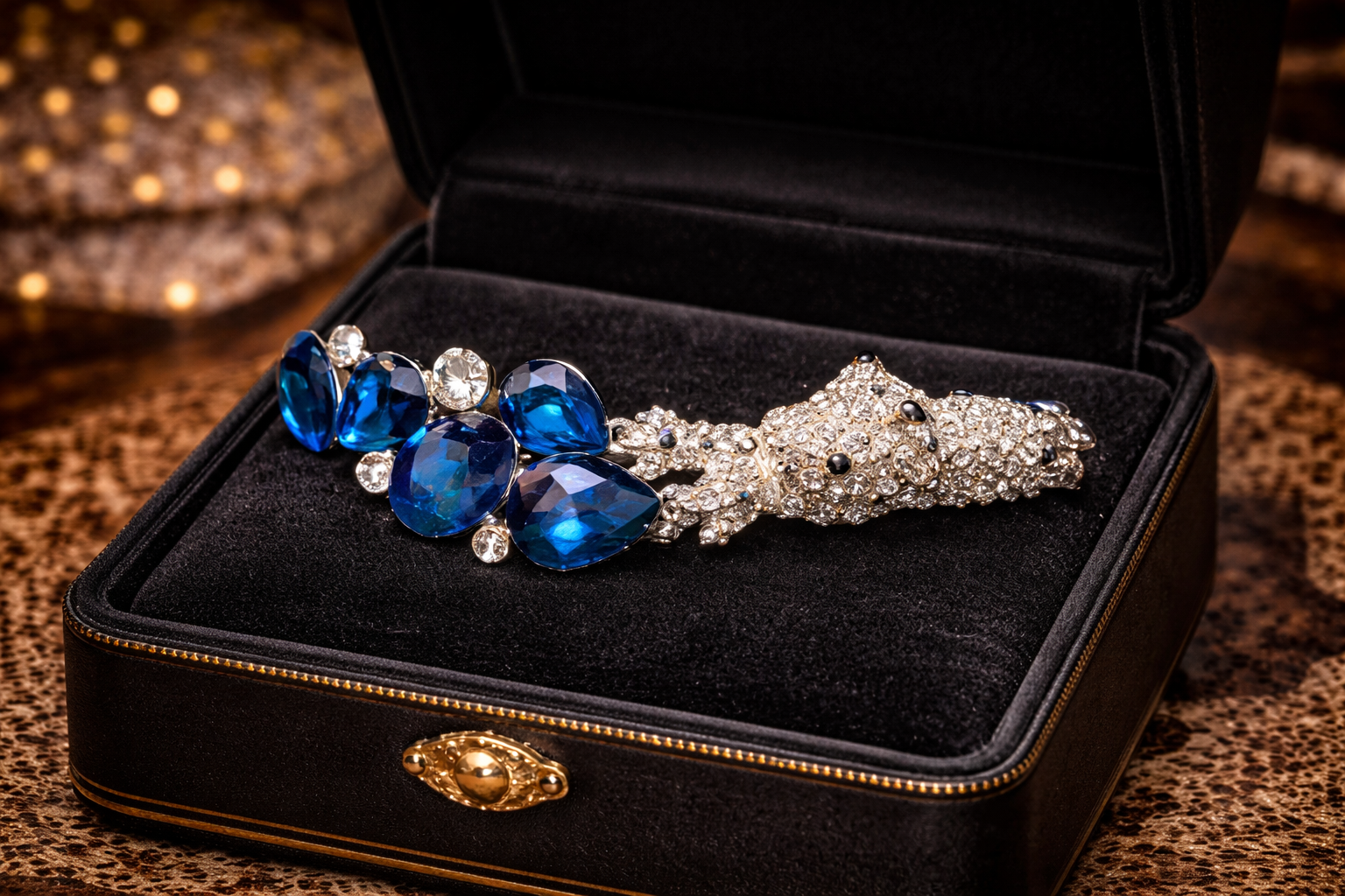 Silver Tone Panther Bracelet with Blue Crystal Stones Big Cat Statement Rhinestone Jewelry Vintage Style