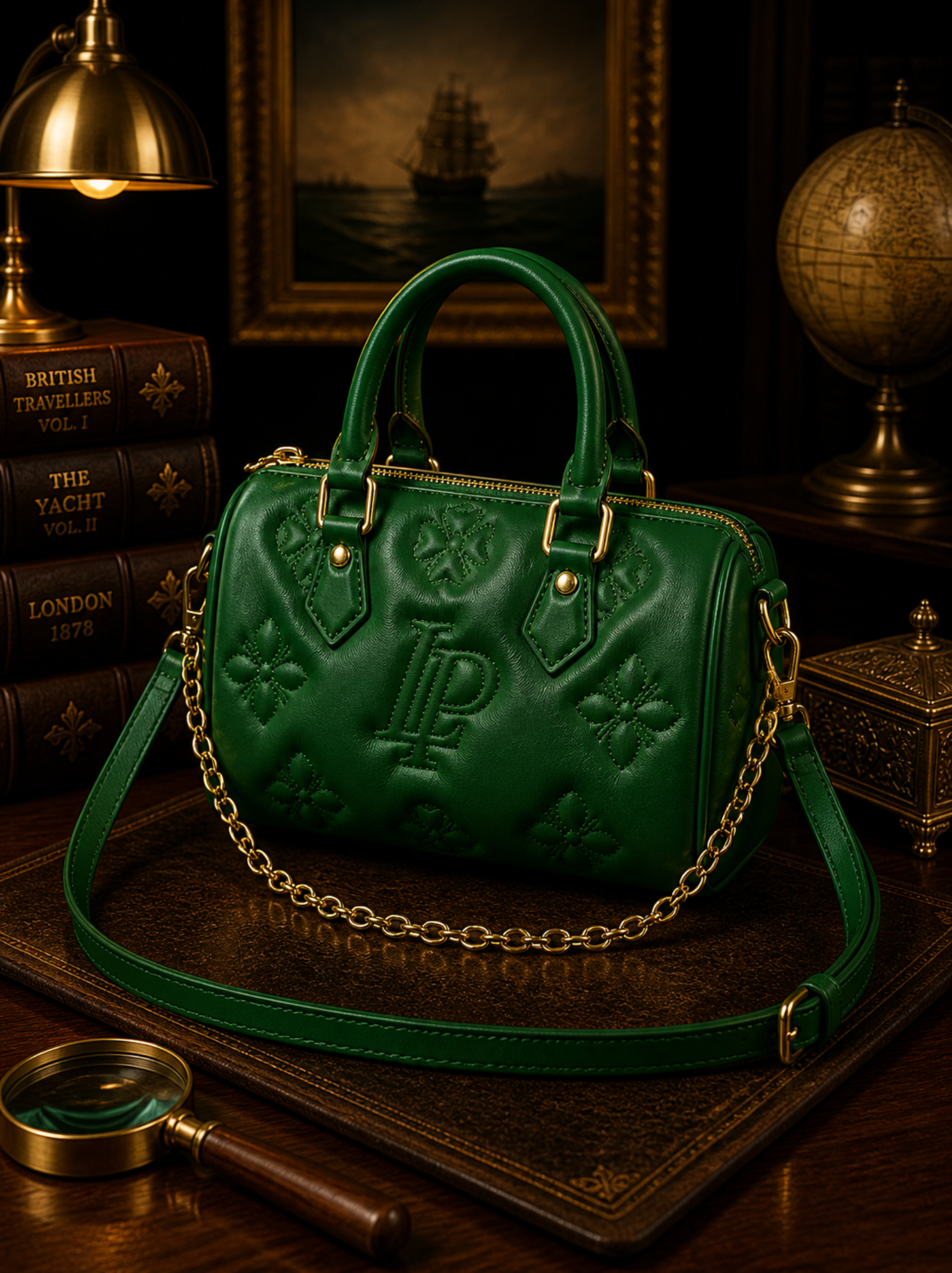 Louis Philippe Emerald Green Embossed Mini Satchel with Gold Hardware