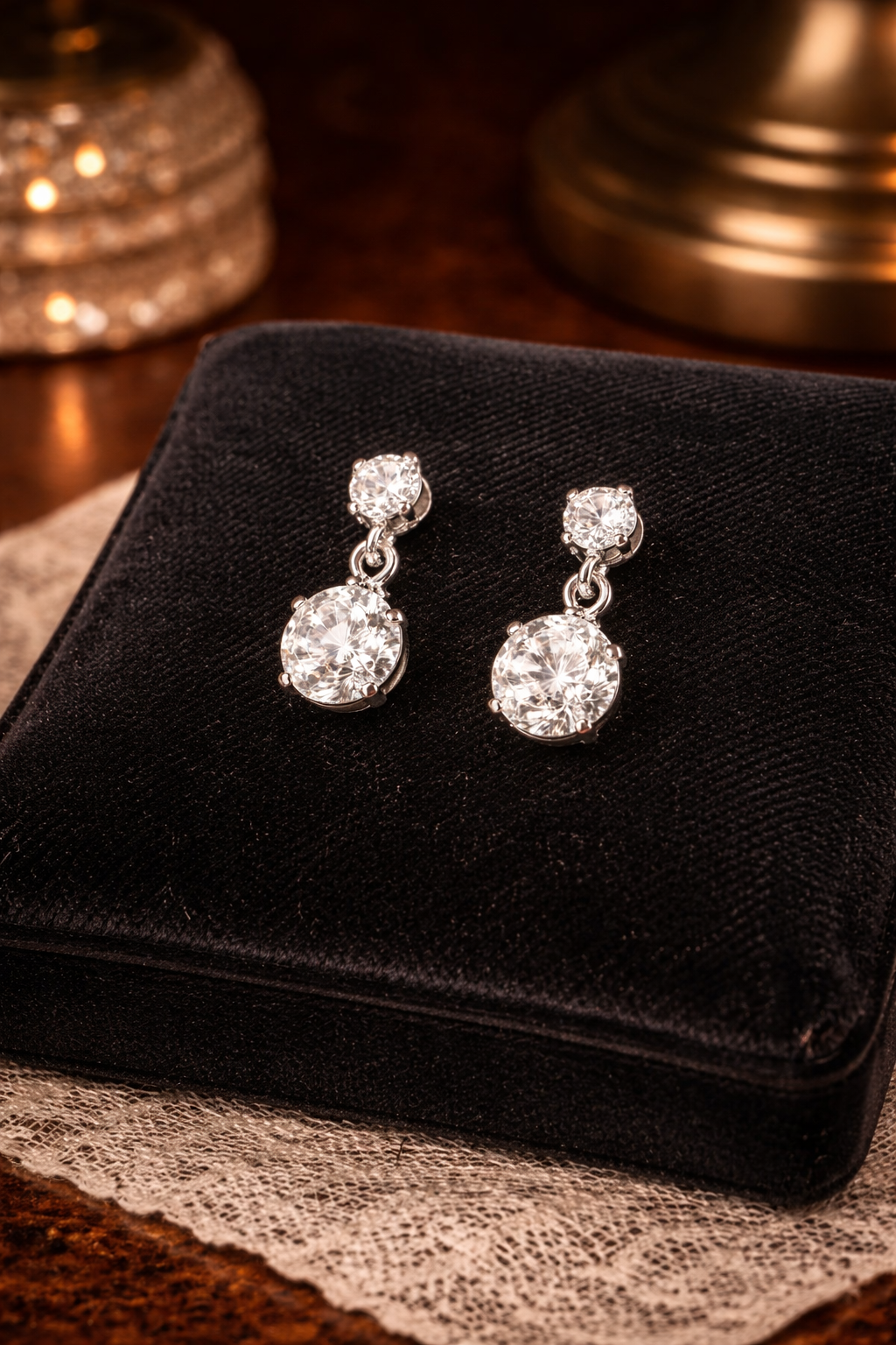 Silver Tone Clear Crystal Drop Stud Earrings Double Round Design Minimalist Dangle Earrings Classic Everyday Jewelry