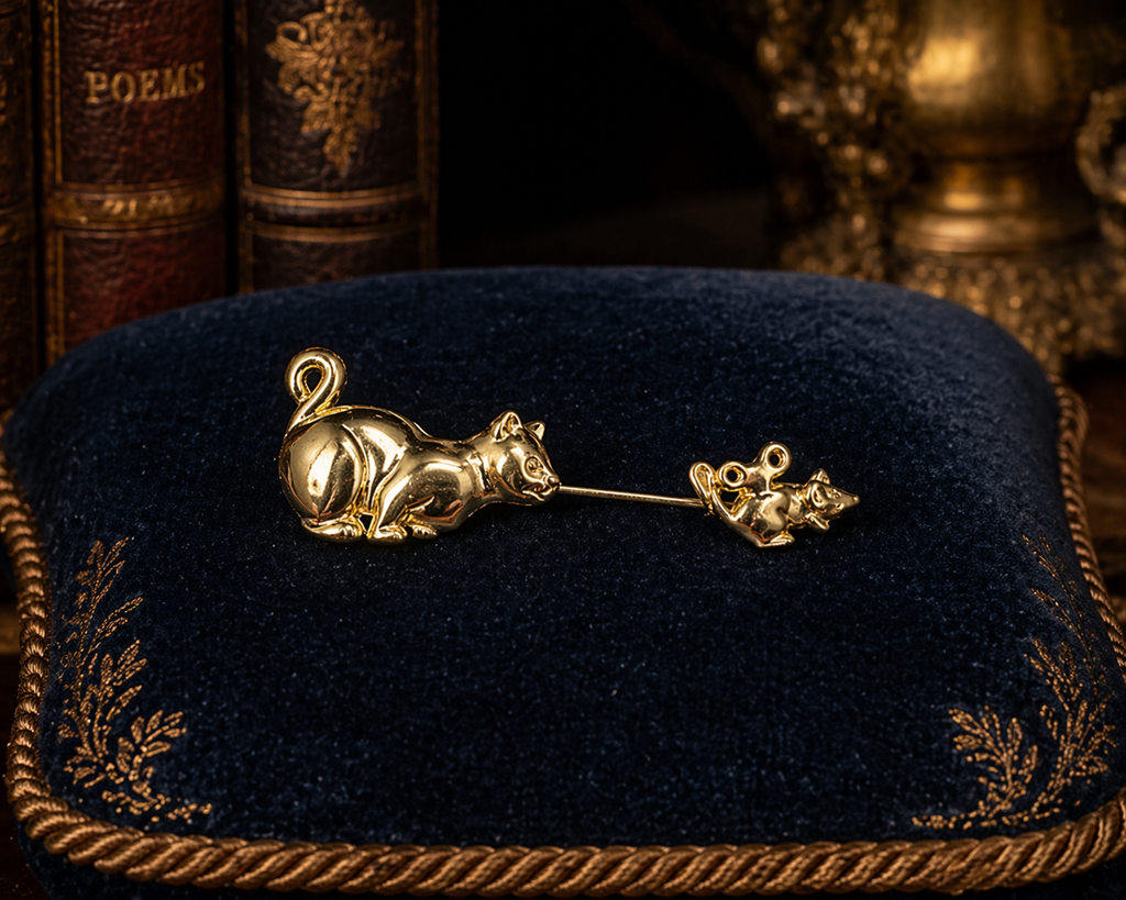 AJC Gold Tone Cat and Mouse Figural Bar Pin Brooch Signed