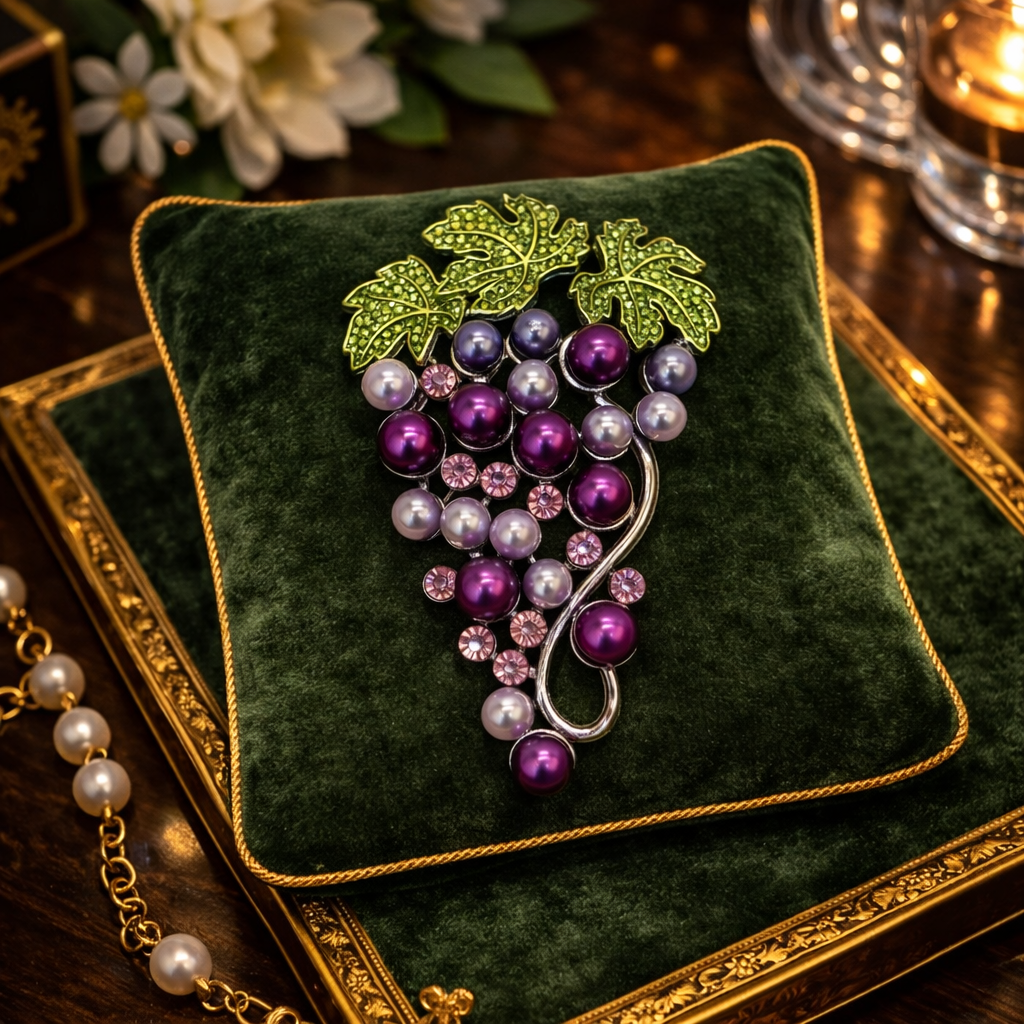 Vintage Grape Cluster Brooch | Purple & Lavender Faux Pearl Rhinestone Vine Pin