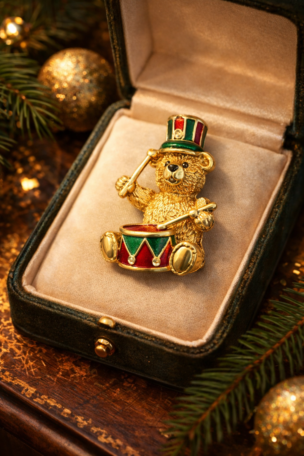 Vintage Christopher Radko Teddy Bear Drummer Christmas Brooch Gold Tone Enamel Holiday Pin