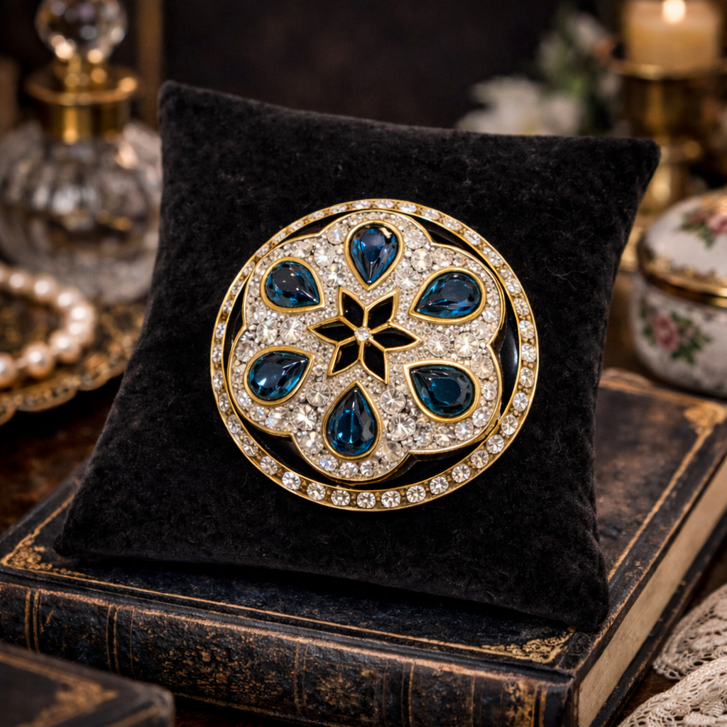 Museum Company Gold Tone Blue Teardrop Crystal Medallion Brooch | Pavé Rhinestone Statement Pin