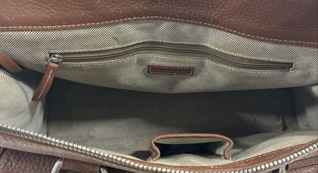 Dooney & Bourke Brown Leather Satchel Bag, Structured Pocket Tote with Shoulder Strap
