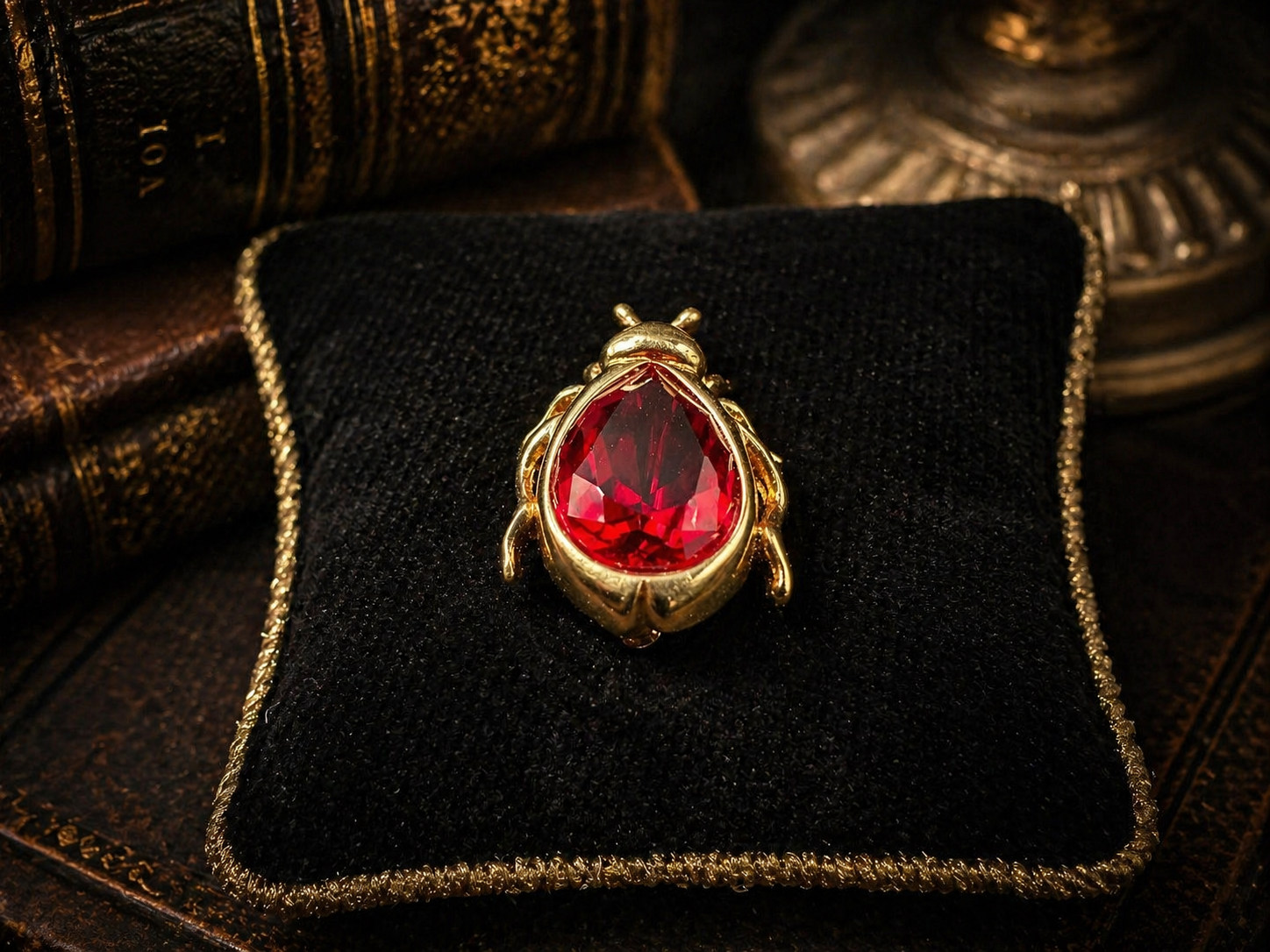 Gold Tone Red Crystal Beetle Brooch