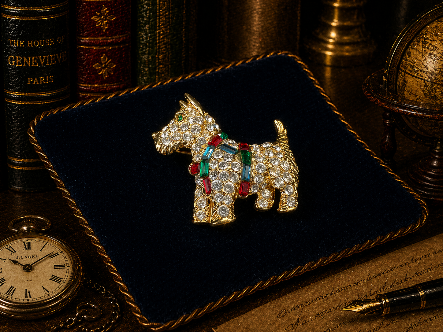 Signed Gold tone terrier brooch with clear red green and blue crystals