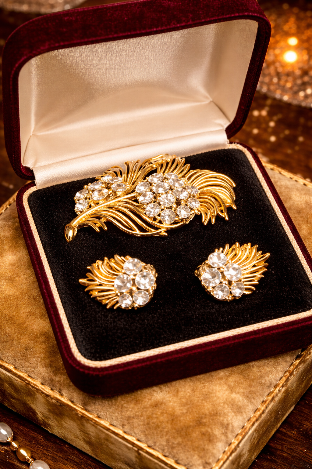 Lisner Gold Tone Rhinestone Floral Spray Brooch and Clip On Earrings Set Vintage Costume Jewelry
