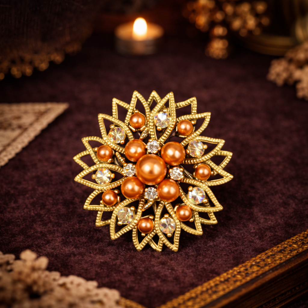 Gold Tone Sunburst Flower Brooch Amber Faux Pearl Cluster Rhinestone Accents Dimensional Pin