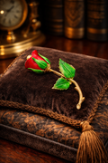 Red Enamel Rose Bud Brooch Gold Tone Stem Floral Pin