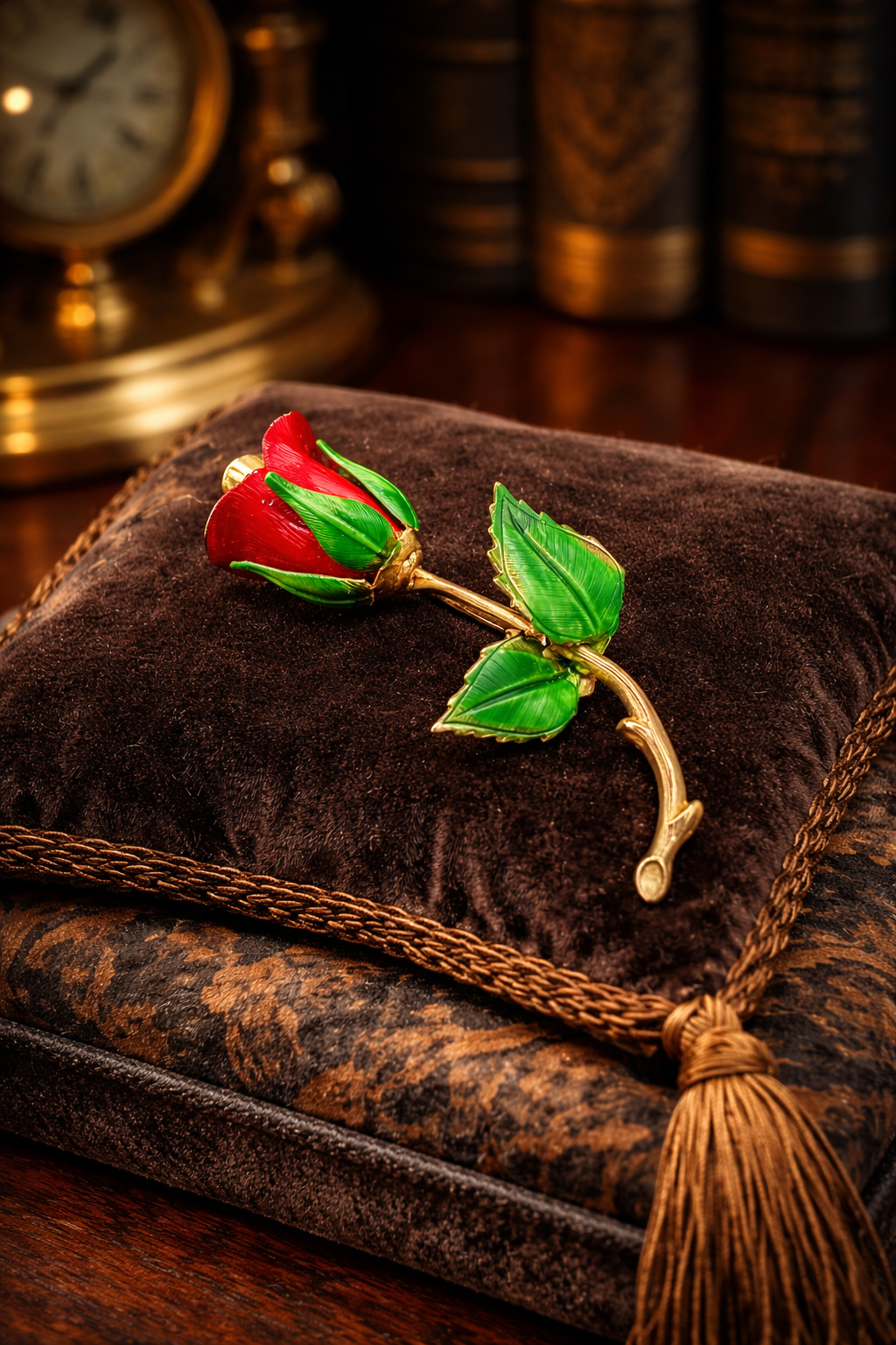 Red Enamel Rose Bud Brooch Gold Tone Stem Floral Pin