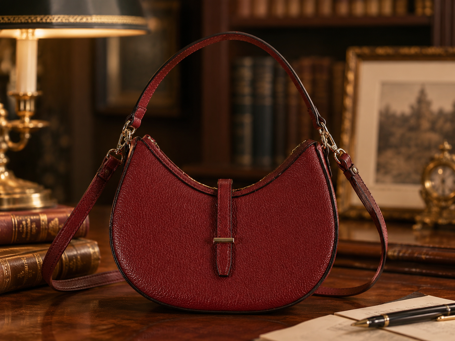 Vera Pelle Red Genuine Leather Crescent Shoulder Bag Made in Italy