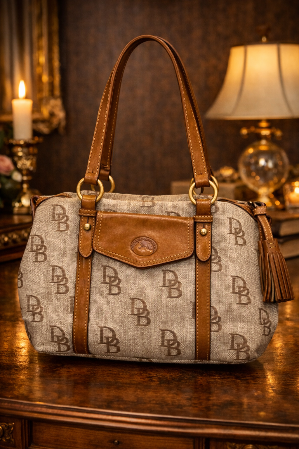 Dooney & Bourke Signature Monogram Canvas Shoulder Bag | Tan Leather Trim Designer Hobo Purse