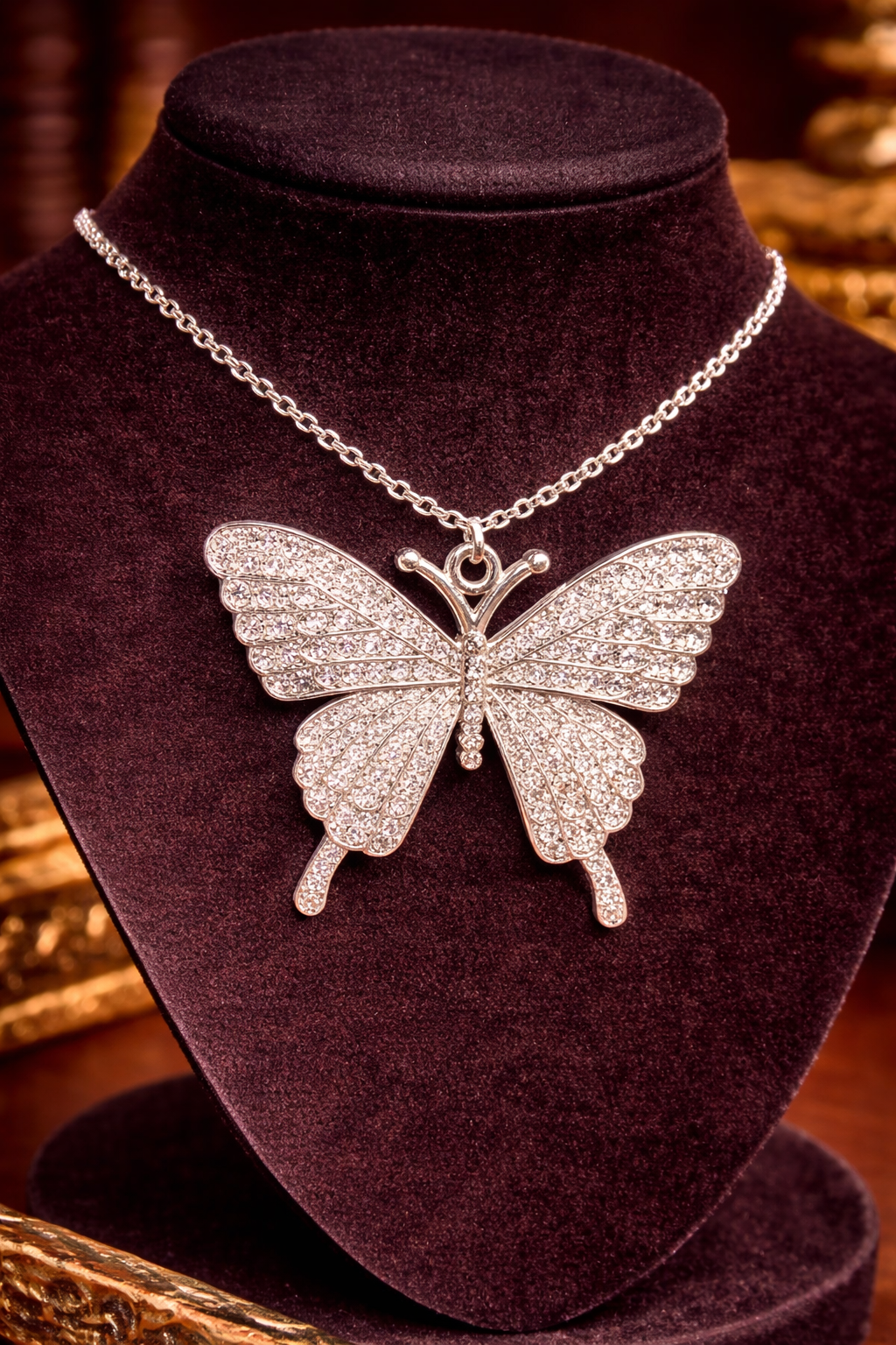 Large Crystal Butterfly Statement Necklace Silver Tone Pave Rhinestone Pendant Elegant Bold