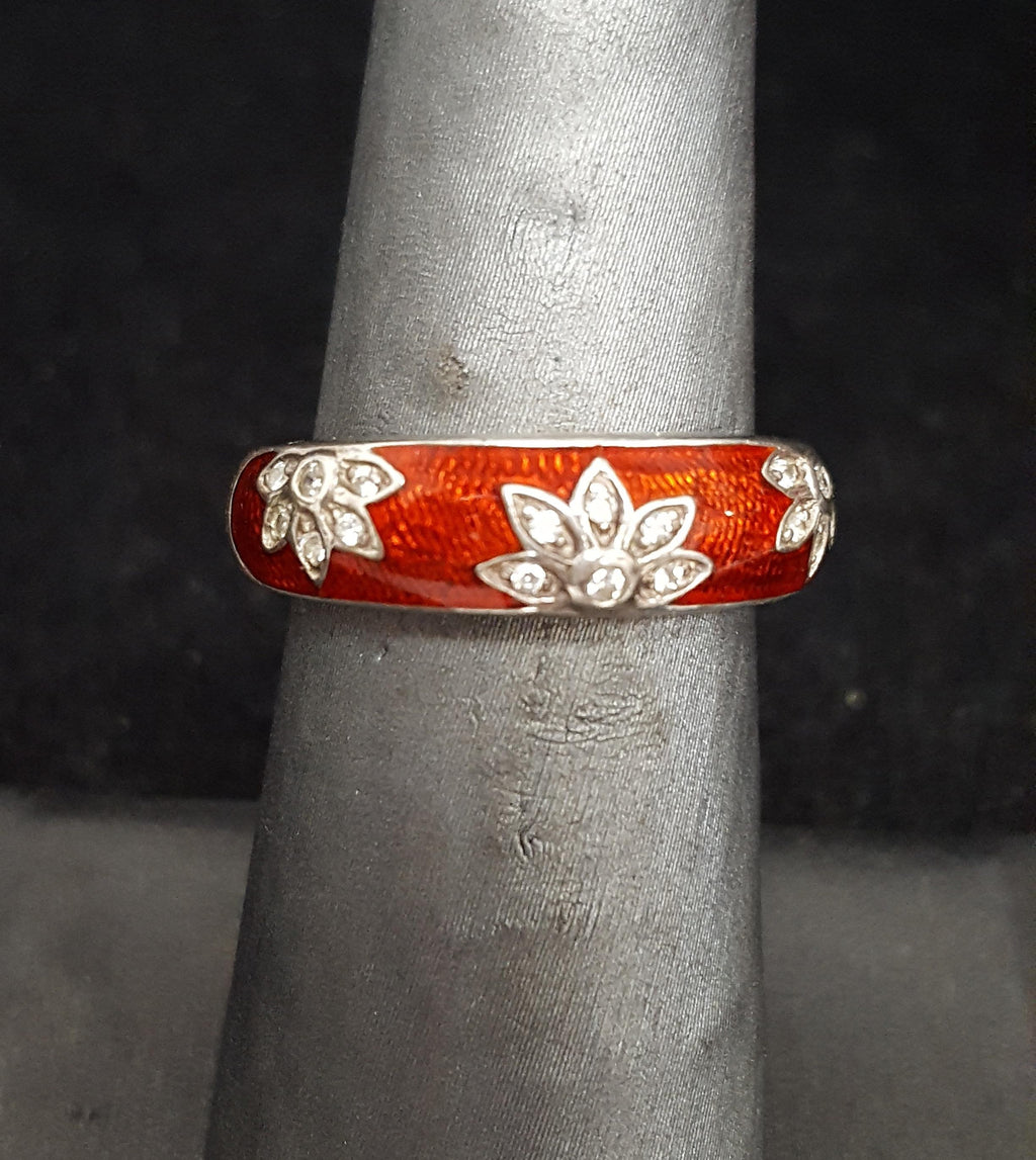 925 Sterling Silver Red Enamel Flower Ring with CZ Accents | Size 6 Romantic Floral Band
