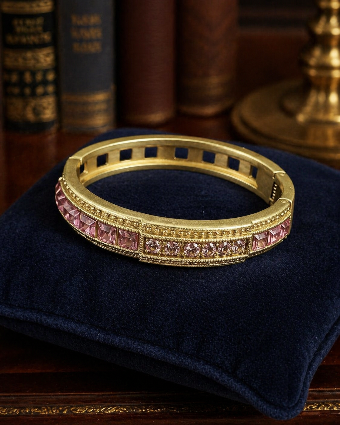 Heidi Daus Pink Crystal Bangle Bracelet Gold Tone Hinged Cuff Baguette Rhinestone Designer
