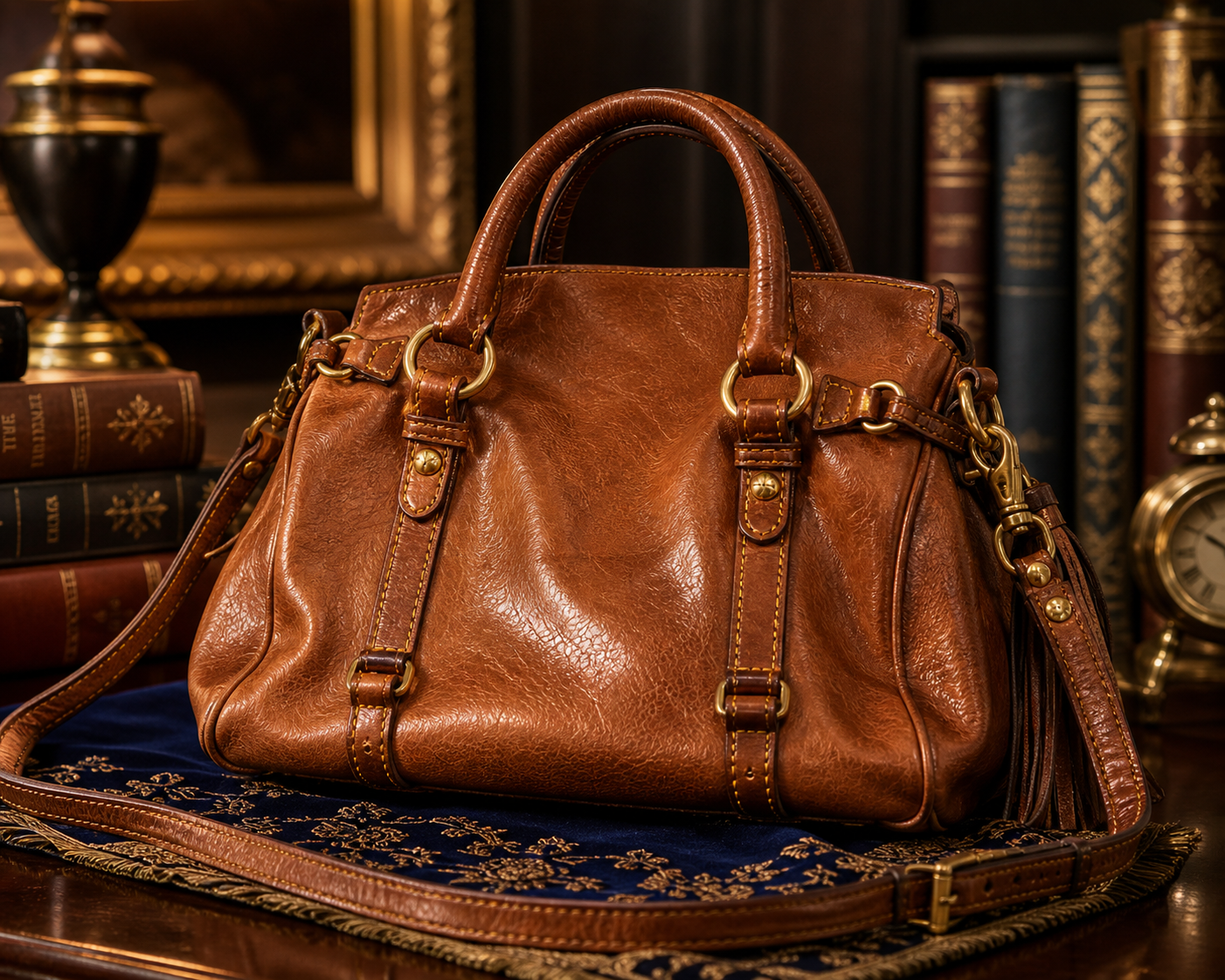 Dooney and Bourke Florentine Medium Brown Leather Satchel with Tassel Detail