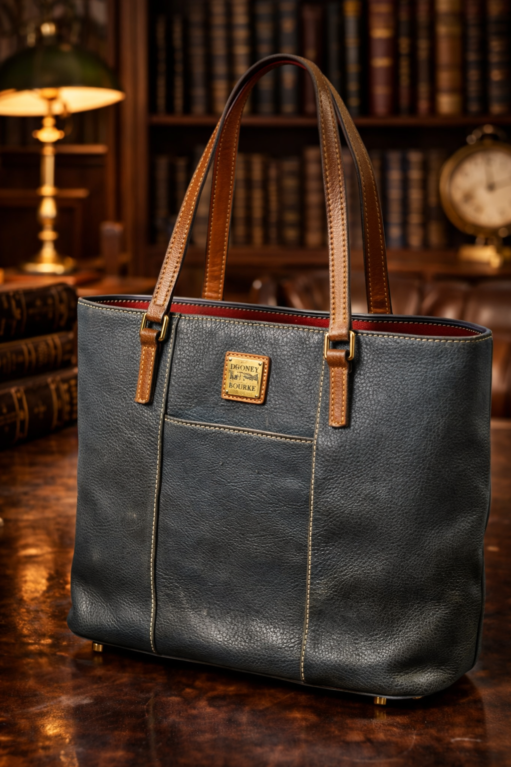 Dooney & Bourke Slate Blue Pebbled Leather Tote Bag British Tan Strap Shoulder Purse