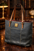 Dooney & Bourke Slate Blue Pebbled Leather Tote Bag British Tan Strap Shoulder Purse