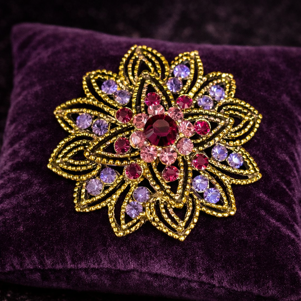 Vintage Gold Tone Floral Brooch: Pink Lavender Rhinestones, Filigree Glam Pin