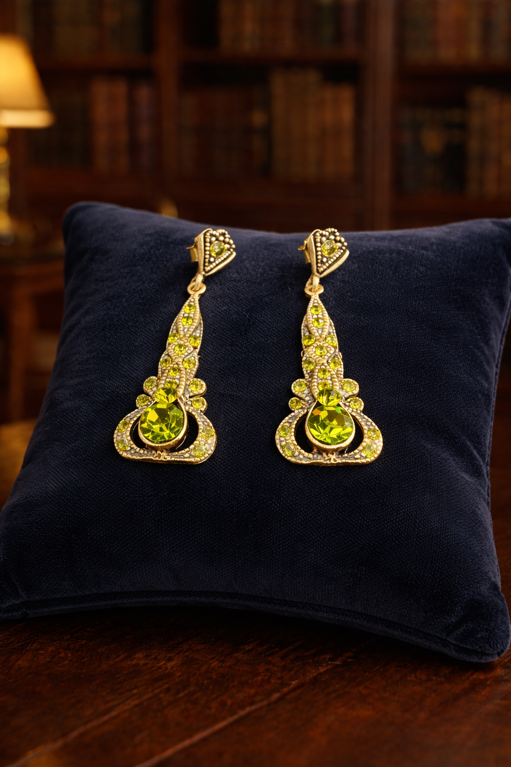 Gold Tone Green Crystal Drop Earrings Art Deco Style Peridot Rhinestone Dangle Vintage Statement Jewelry