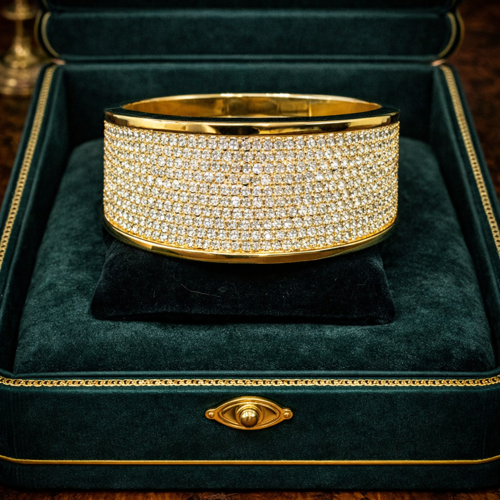 Vintage St. John Gold Tone Wide Rhinestone Hinged Bangle Bracelet | Heavy Designer Statement Cuff 97g