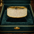 Vintage St. John Gold Tone Wide Rhinestone Hinged Bangle Bracelet | Heavy Designer Statement Cuff 97g