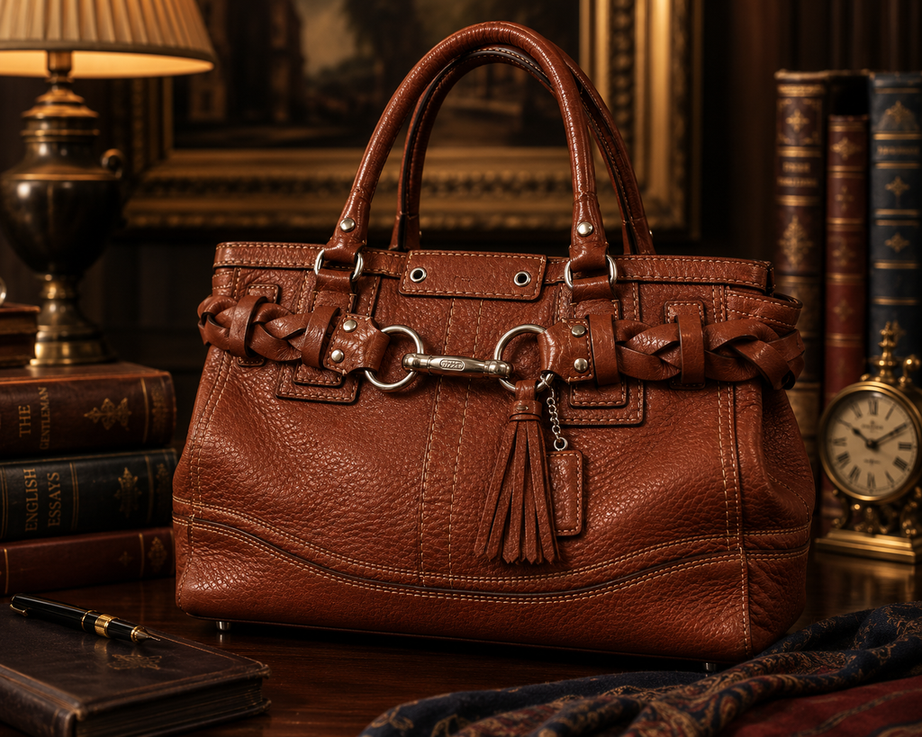 Coach Hamptons Burnt Orange Pebbled Leather Satchel with Braided Detail