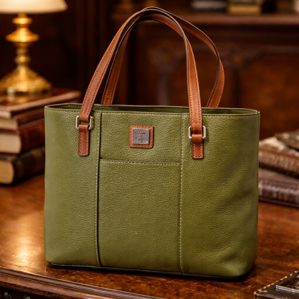 Dooney and Bourke Lexington Green Pebble Grain Leather Tote Brown Strap Shoulder Bag