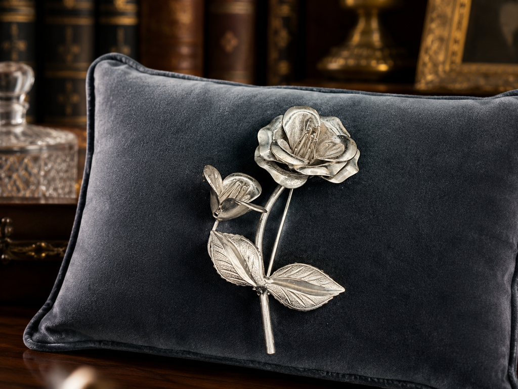 Silver Tone Rose Brooch | Vintage Dimensional Floral Stem Pin
