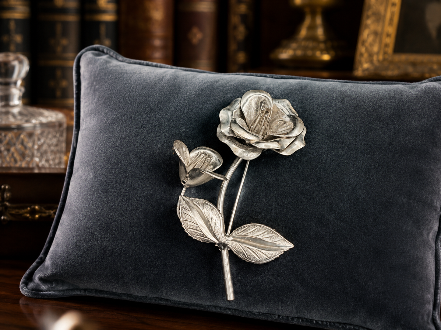 Silver Tone Rose Brooch | Vintage Dimensional Floral Stem Pin