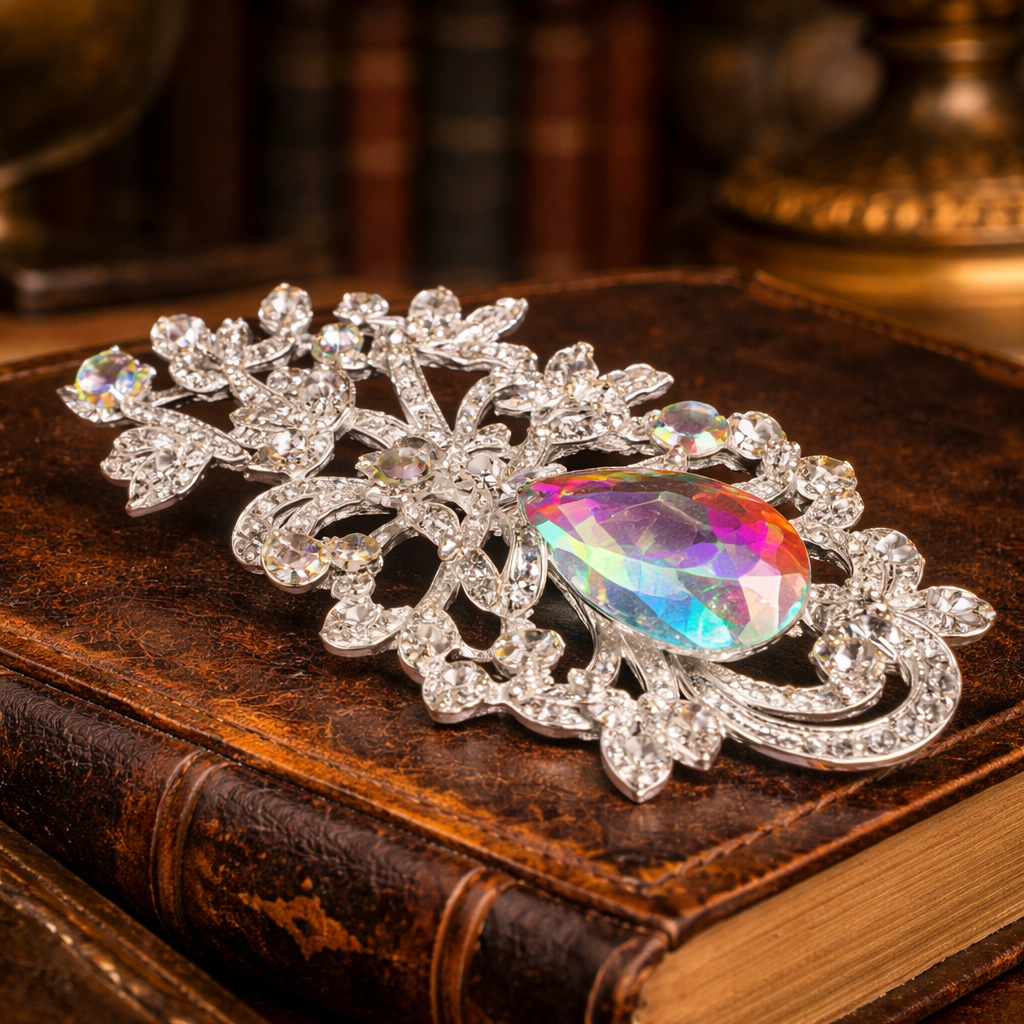 Large Iridescent Crystal Statement Brooch Silver Tone Filigree Vintage Style Art Glass Rhinestone Pin