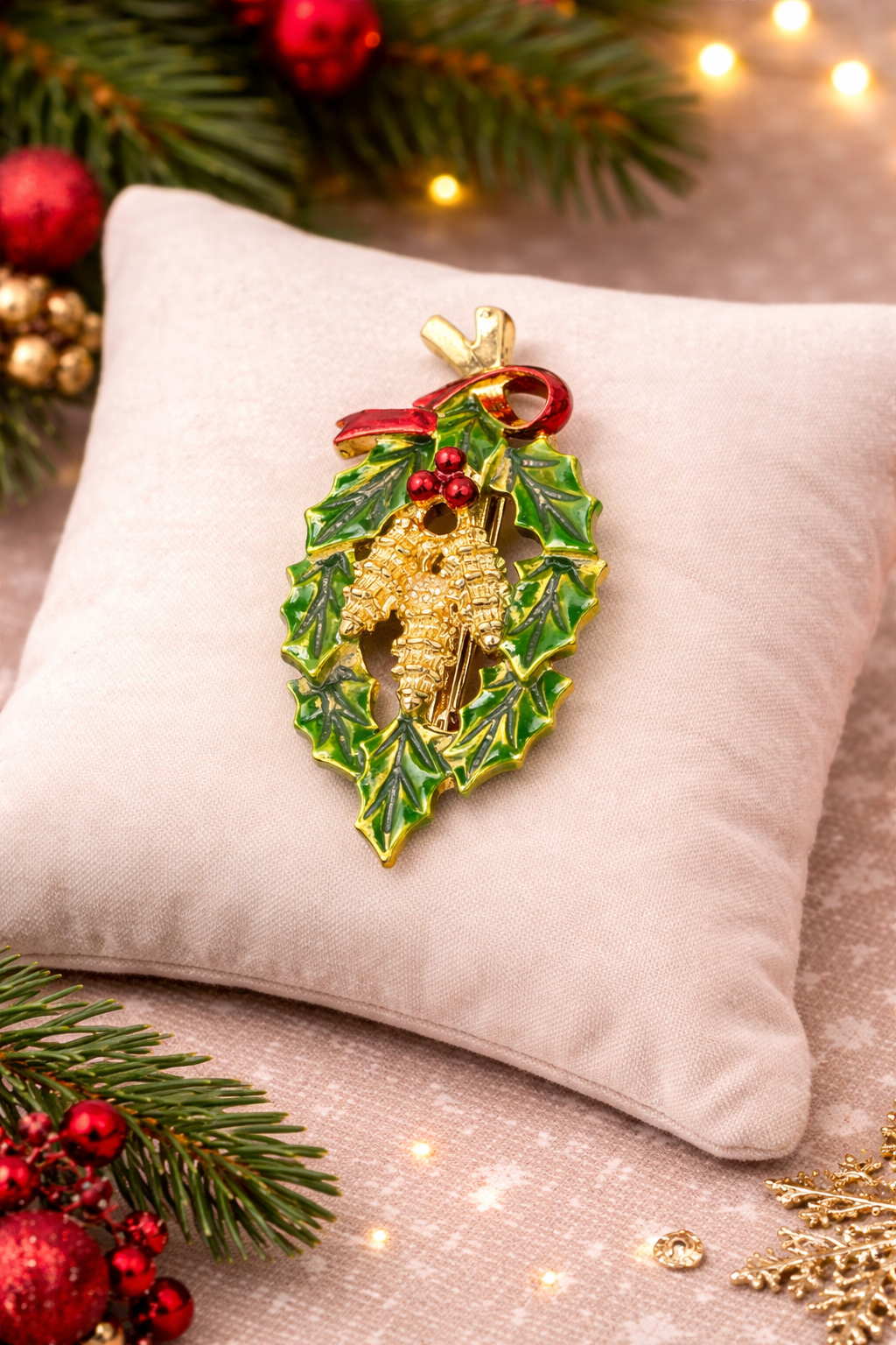 Vintage Gerry’s Pinecone Holly Wreath Brooch Green Enamel Christmas Pin