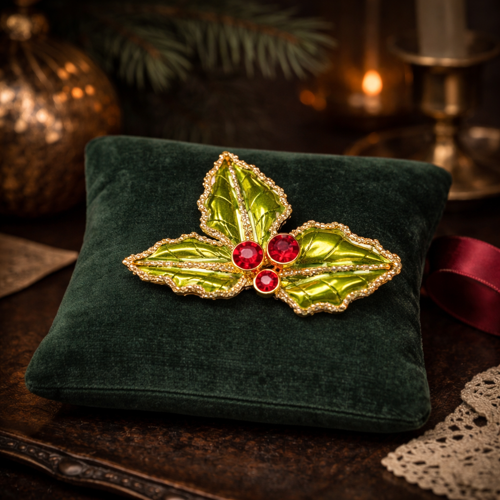 Holly Leaf Christmas Brooch with Green Rhinestones