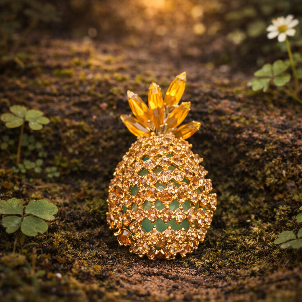 Signed Alice Caviness Gold Tone Pineapple Brooch with Topaz Rhinestone Leaves, Vintage Designer Statement Fruit Pin