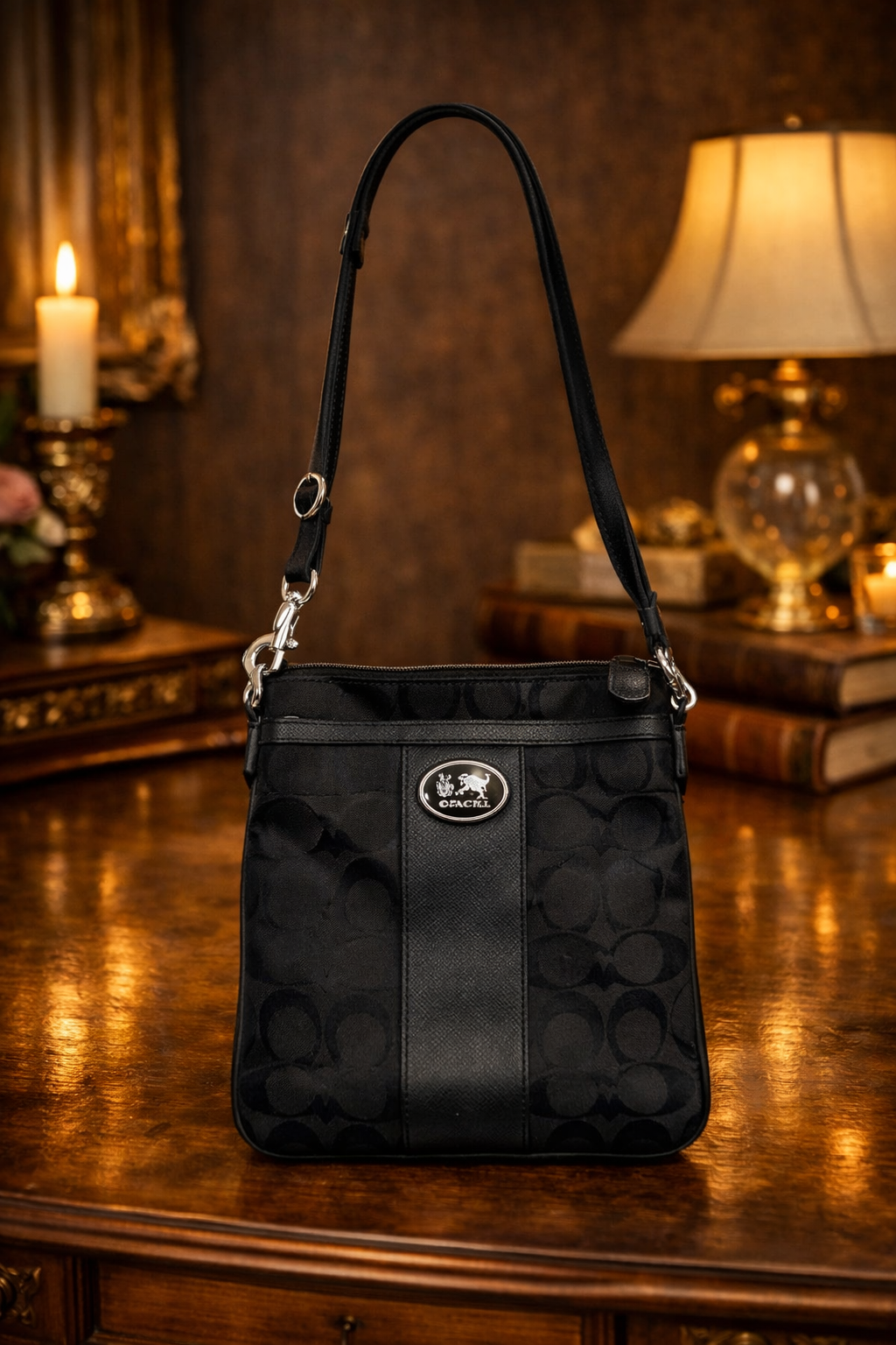 Coach Signature Canvas Swingpack Crossbody Bag 43978 | Black Logo Canvas with Leather Trim