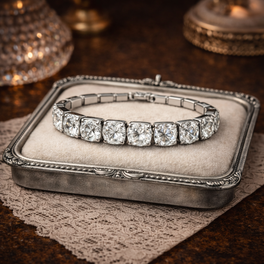Silver Tone Square Crystal Tennis Bracelet
