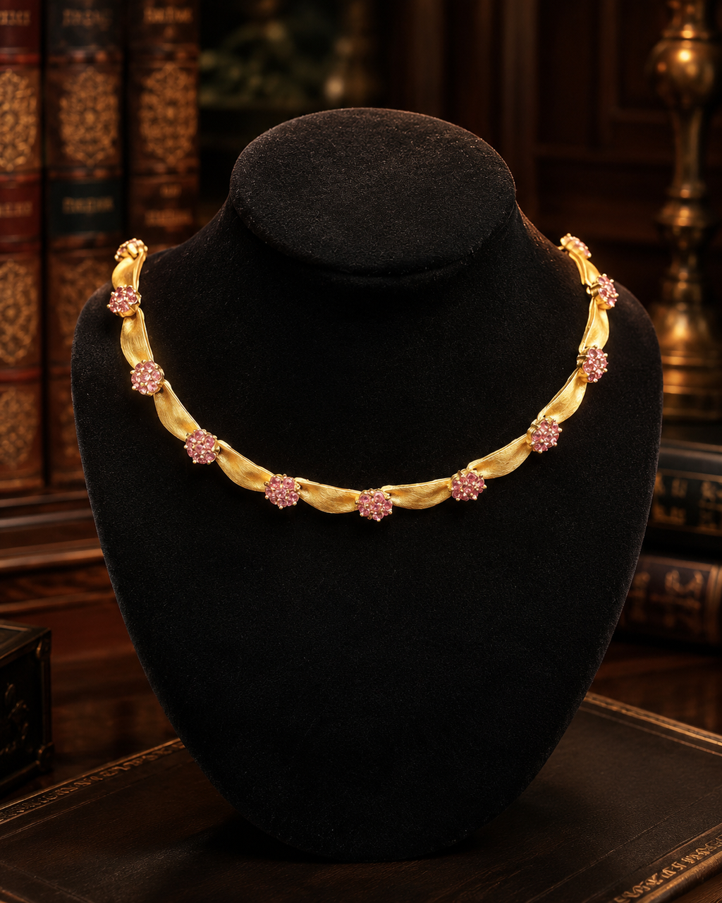 (SOLD) Trifari Gold Tone Ribbon Necklace with Ruby Red Stone Accents