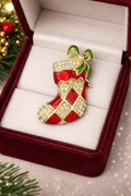 Vintage Monet Christmas Stocking Brooch Red Enamel Rhinestone Gold Tone Holiday Pin