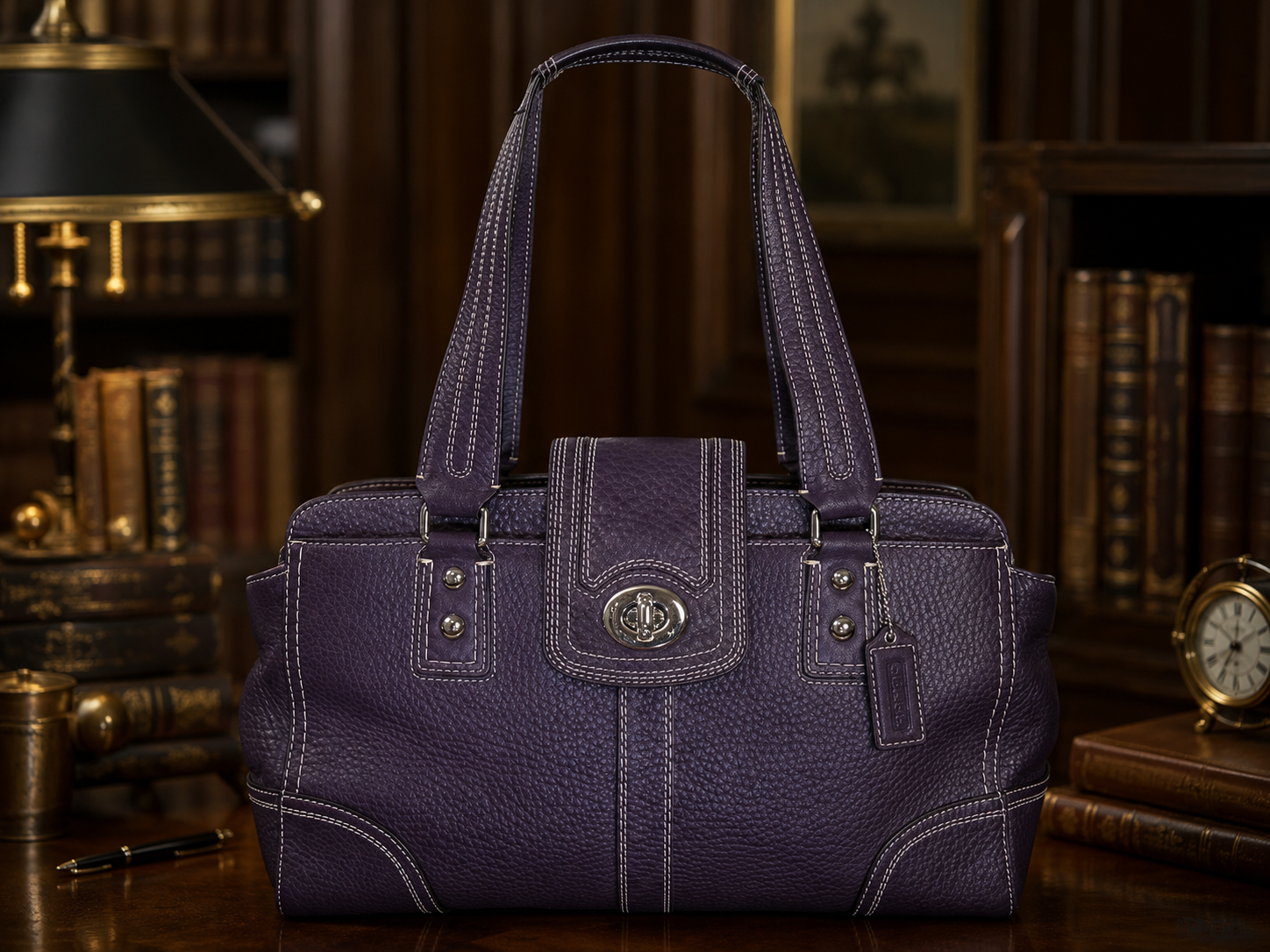 Coach Purple Pebbled Leather Shoulder Bag with Contrast Stitching