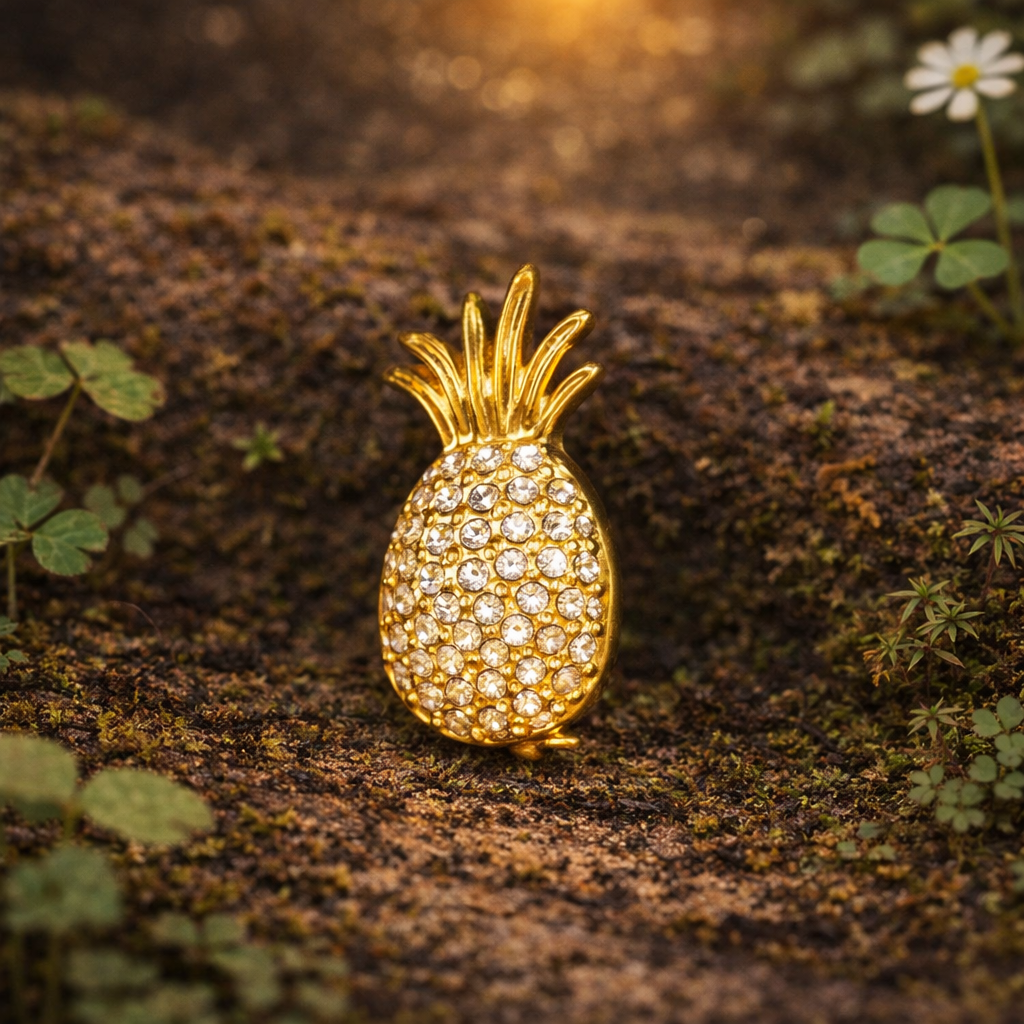 Gold Tone Rhinestone Pineapple Brooch Small Fruit Pin With Pave Crystals