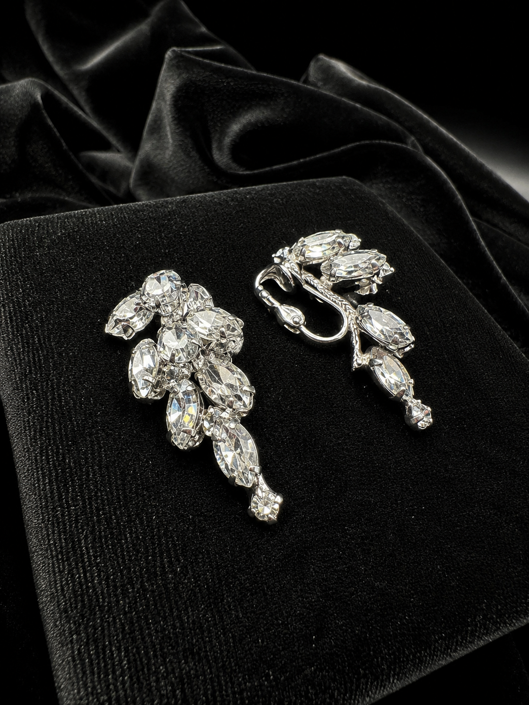 Carnegie Silver Tone Clear Rhinestone Clip Earrings with Cascading Marquis Crystal Design