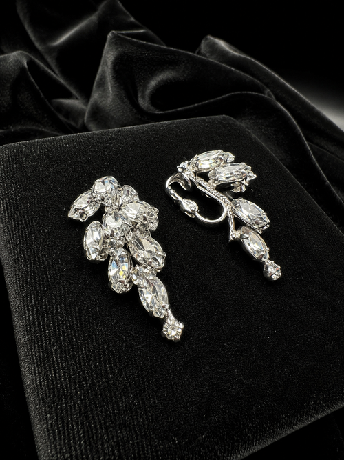 Carnegie Silver Tone Clear Rhinestone Clip Earrings with Cascading Marquis Crystal Design