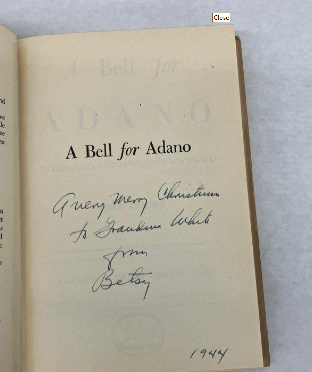 A Bell for Adano John Hersey 1944 Knopf First Edition Fourth Printing w/ Dust Jacket